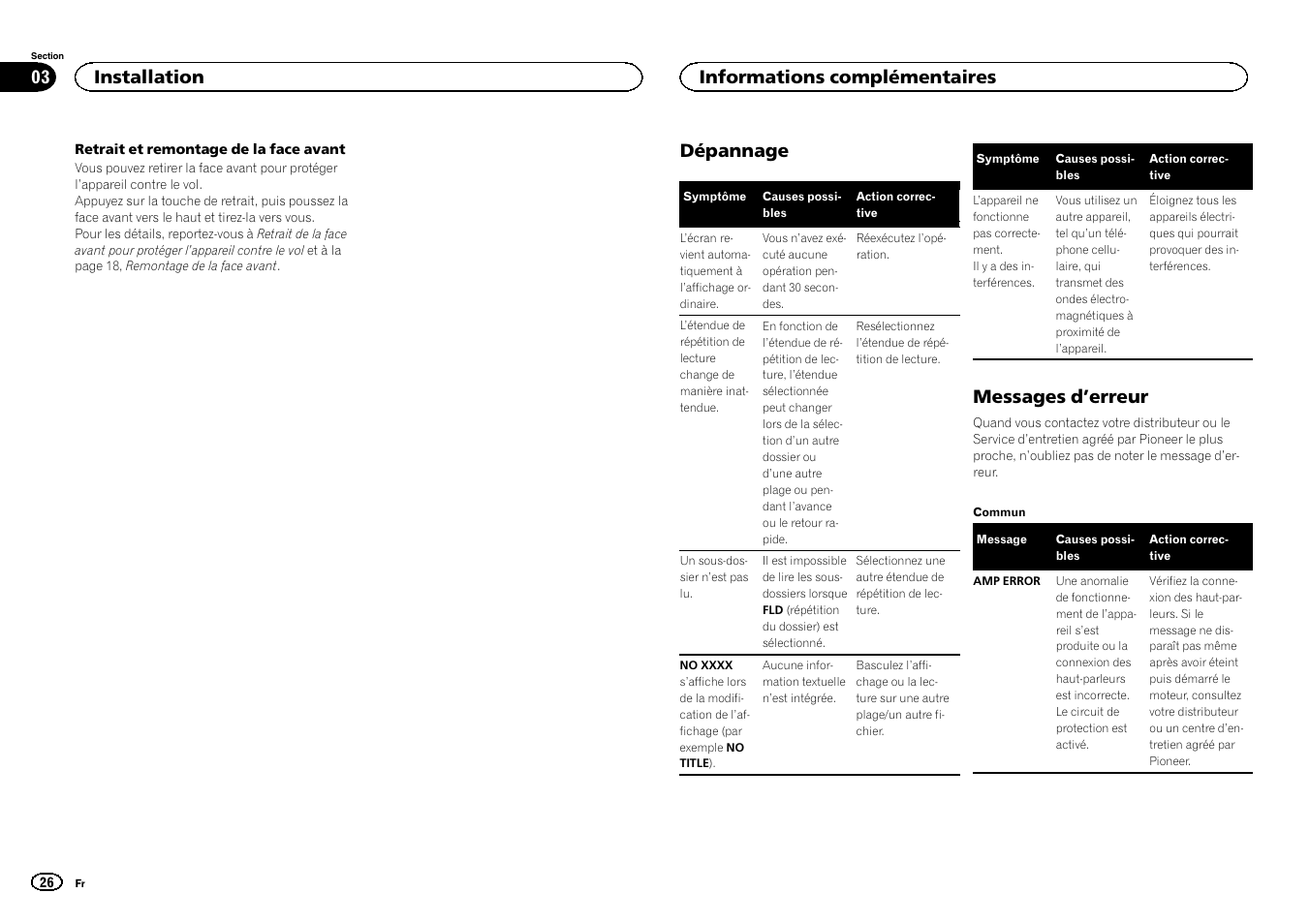 Dépannage, Messages d ’erreur, Installation | Informations complémentaires | Pioneer DEH-1500UBG User Manual | Page 26 / 108