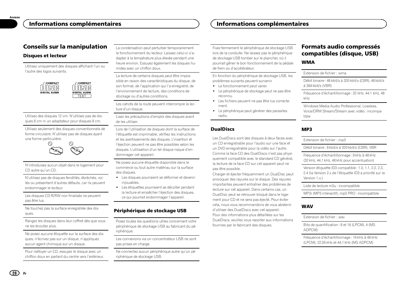Conseils sur la manipulation, Formats audio compressés compatibles (disque, usb), Informations complémentaires | Pioneer DEH-1500UBG User Manual | Page 28 / 108