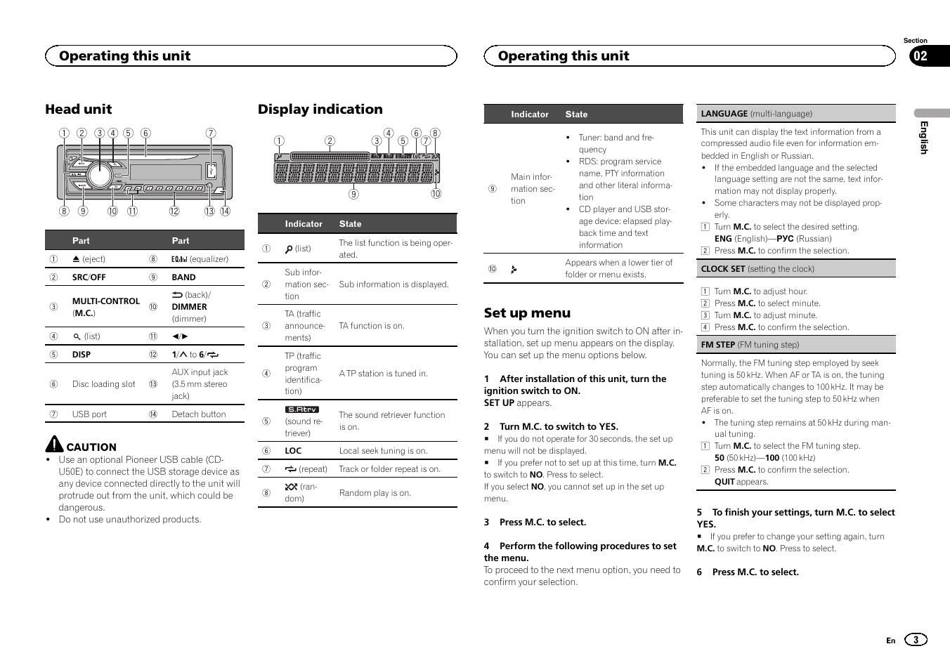 Head unit, Display indication, Set up menu | Operating this unit | Pioneer DEH-1500UBG User Manual | Page 3 / 108
