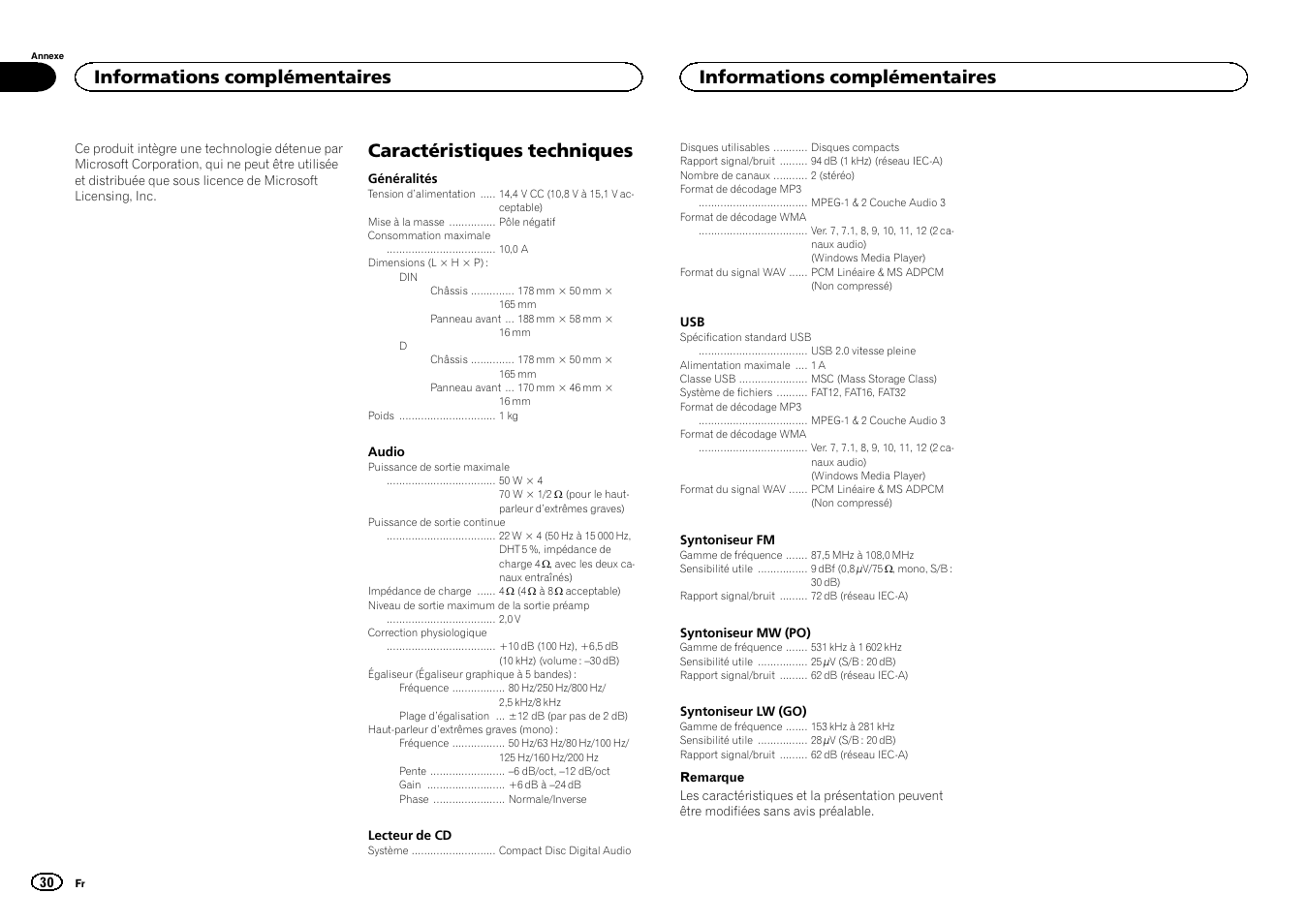 Caractéristiques techniques, Informations complémentaires | Pioneer DEH-1500UBG User Manual | Page 30 / 108