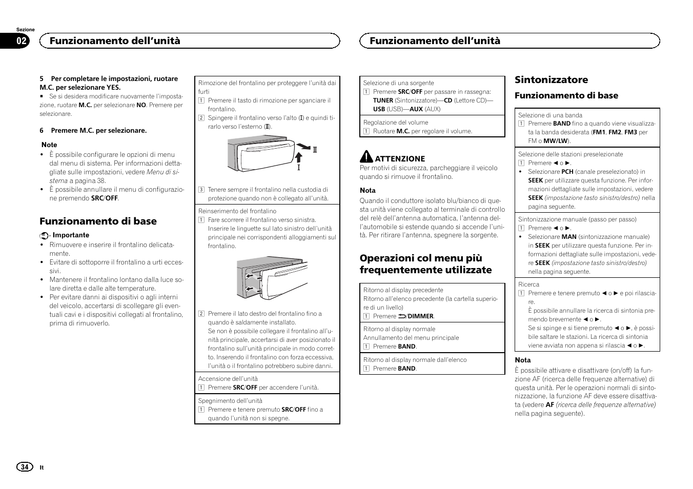 Funzionamento di base, Operazioni col menu più frequentemente utilizzate, Sintonizzatore | Funzionamento dell ’unità | Pioneer DEH-1500UBG User Manual | Page 34 / 108