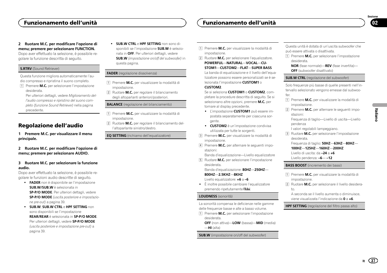 Regolazione dell ’audio, Funzionamento dell ’unità | Pioneer DEH-1500UBG User Manual | Page 37 / 108