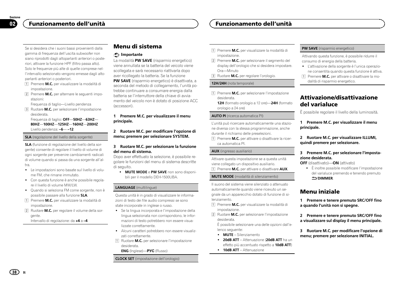 Menu di sistema, Attivazione/disattivazione del varialuce, Menu iniziale | Funzionamento dell ’unità | Pioneer DEH-1500UBG User Manual | Page 38 / 108