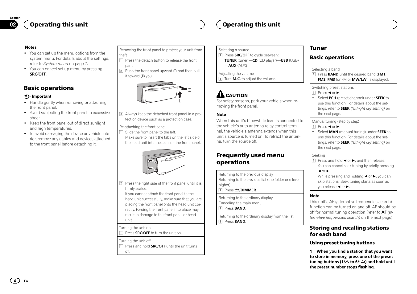 Basic operations, Frequently used menu operations, Tuner | Operating this unit | Pioneer DEH-1500UBG User Manual | Page 4 / 108