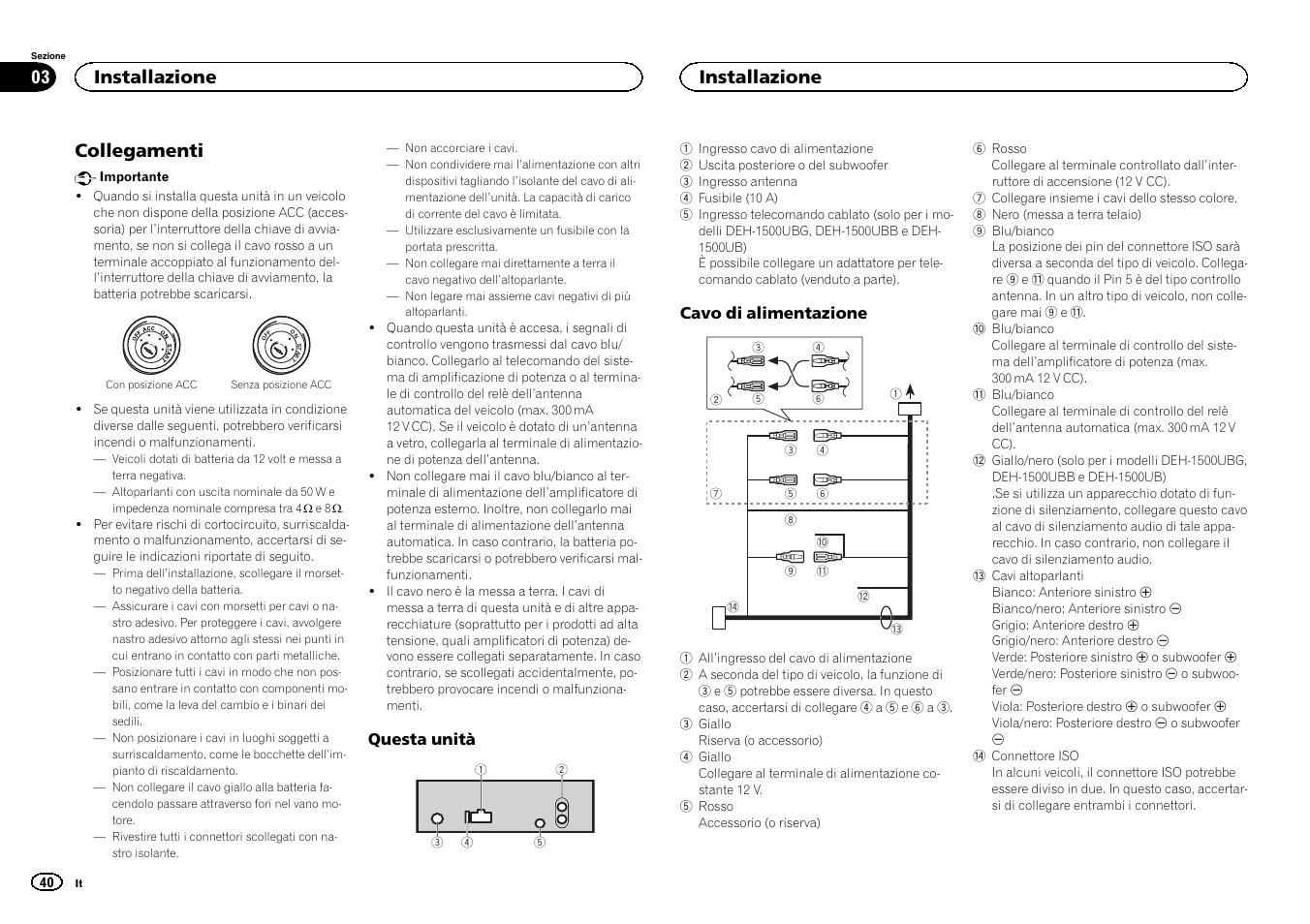 Collegamenti, Installazione | Pioneer DEH-1500UBG User Manual | Page 40 / 108