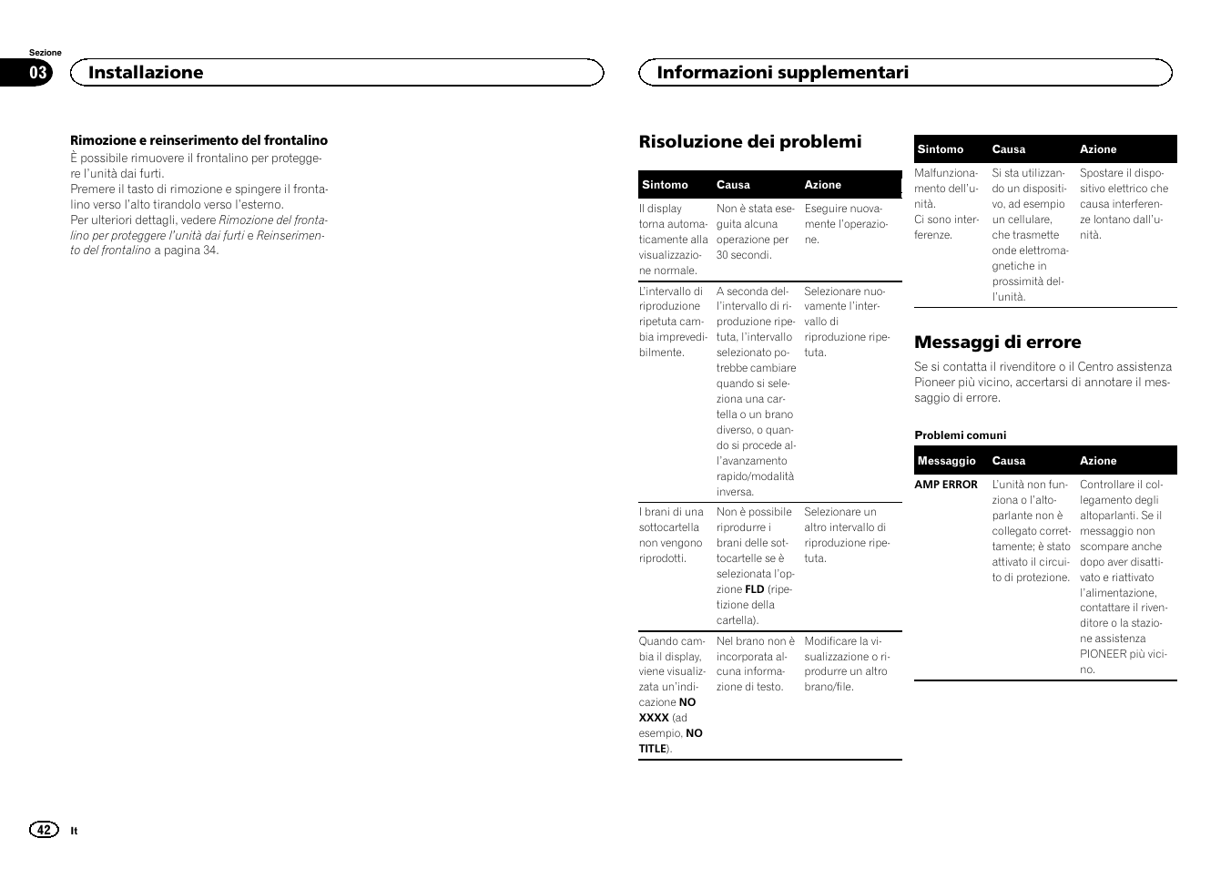 Risoluzione dei problemi, Messaggi di errore, Installazione | Informazioni supplementari | Pioneer DEH-1500UBG User Manual | Page 42 / 108