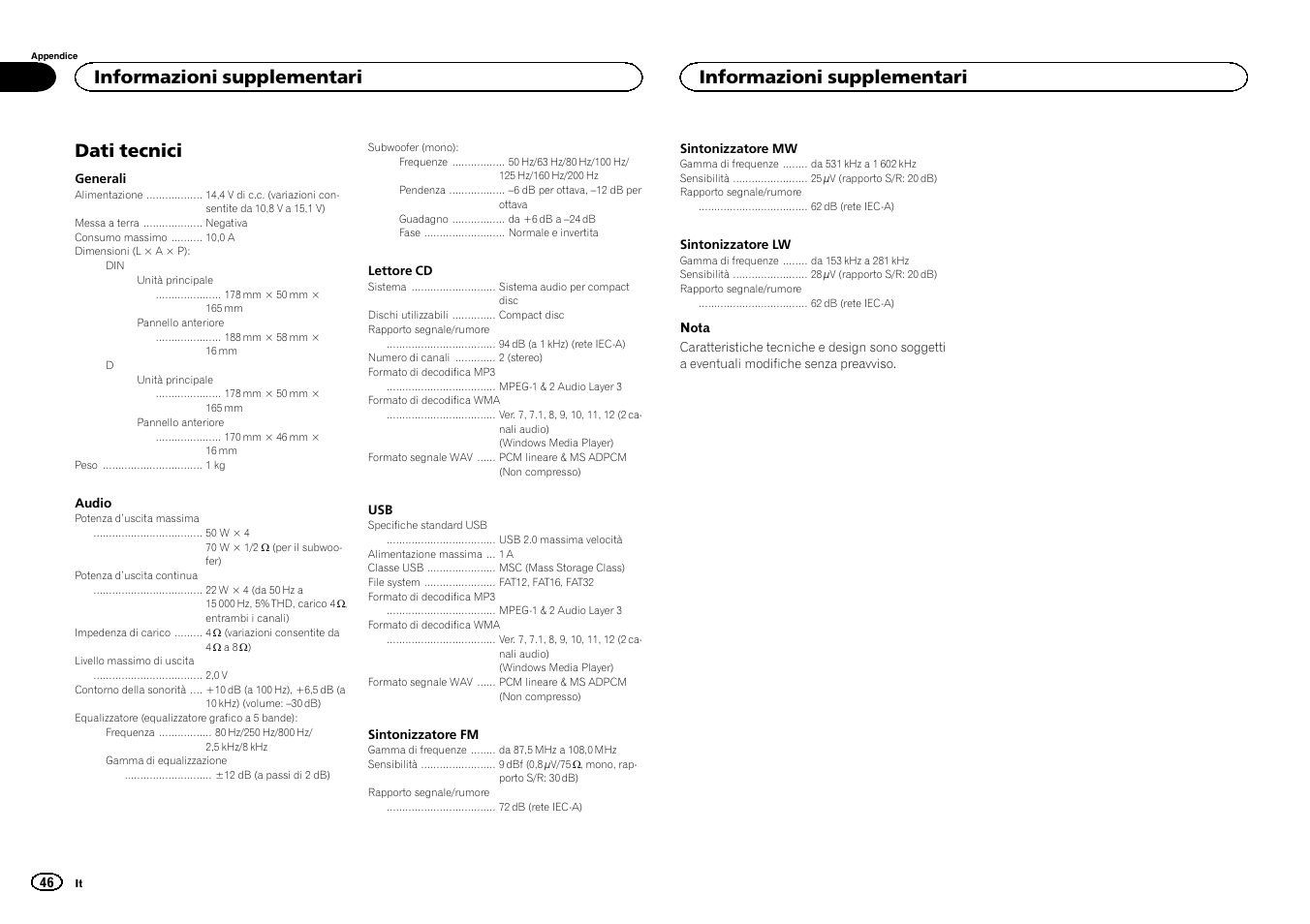 Dati tecnici, Informazioni supplementari | Pioneer DEH-1500UBG User Manual | Page 46 / 108