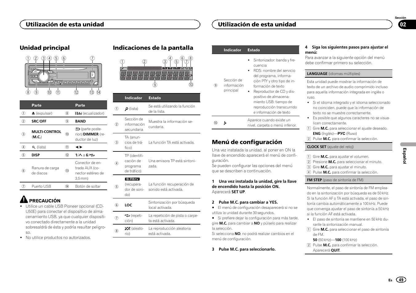 Unidad principal, Indicaciones de la pantalla, Menú de configuración | Utilización de esta unidad | Pioneer DEH-1500UBG User Manual | Page 49 / 108