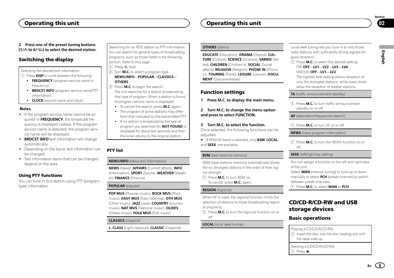 Seek (left/right key setting) on, Af (al, Cd/cd-r/cd-rw and usb storage devices | Operating this unit | Pioneer DEH-1500UBG User Manual | Page 5 / 108