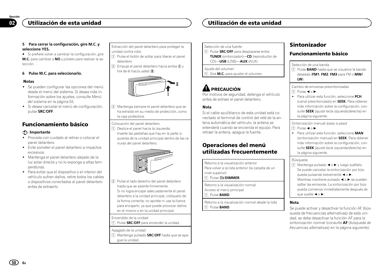 Funcionamiento básico, Operaciones del menú utilizadas frecuentemente, Sintonizador | Utilización de esta unidad | Pioneer DEH-1500UBG User Manual | Page 50 / 108
