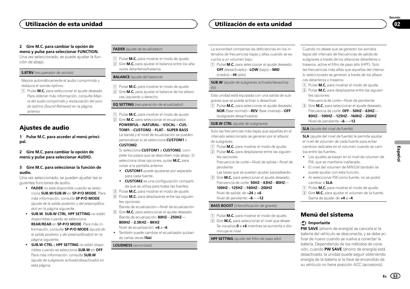 Ajustes de audio, Menú del sistema, Utilización de esta unidad | Pioneer DEH-1500UBG User Manual | Page 53 / 108