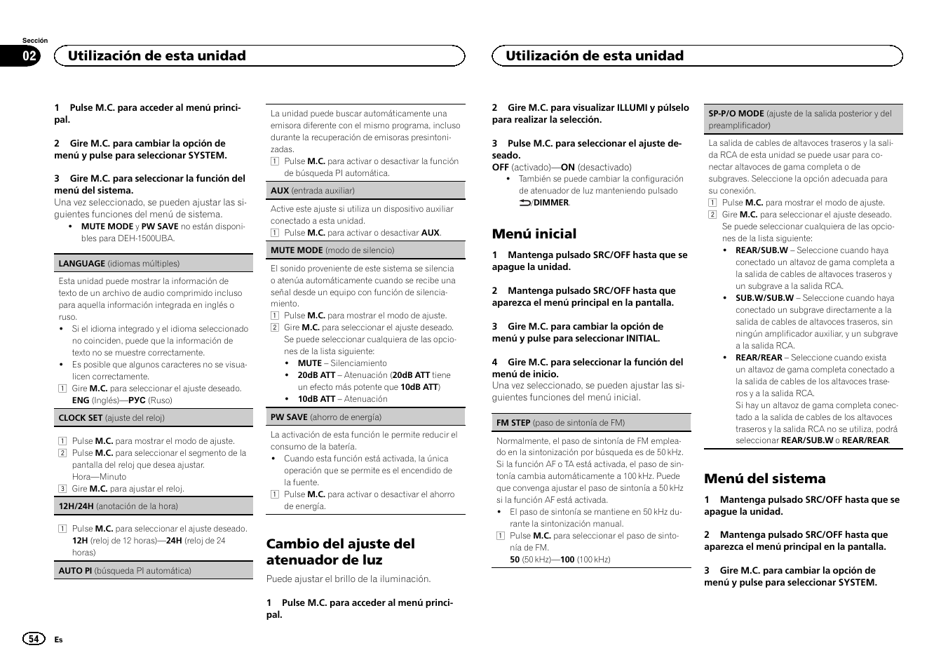 Sp-p/o mode, Sp-p/o mode (ajuste de, Cambio del ajuste del atenuador de luz | Menú inicial, Menú del sistema, Utilización de esta unidad | Pioneer DEH-1500UBG User Manual | Page 54 / 108