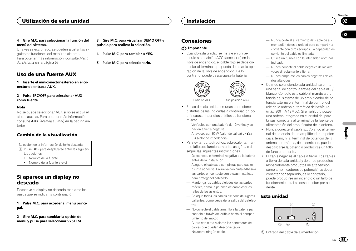 Uso de una fuente aux, Si aparece un display no deseado, Conexiones | Utilización de esta unidad, Instalación | Pioneer DEH-1500UBG User Manual | Page 55 / 108