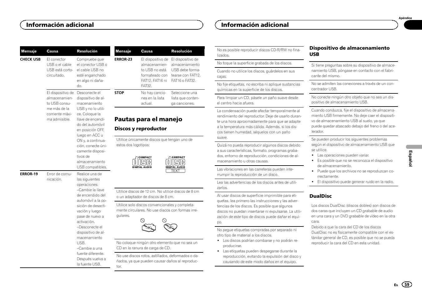 Pautas para el manejo, Información adicional | Pioneer DEH-1500UBG User Manual | Page 59 / 108