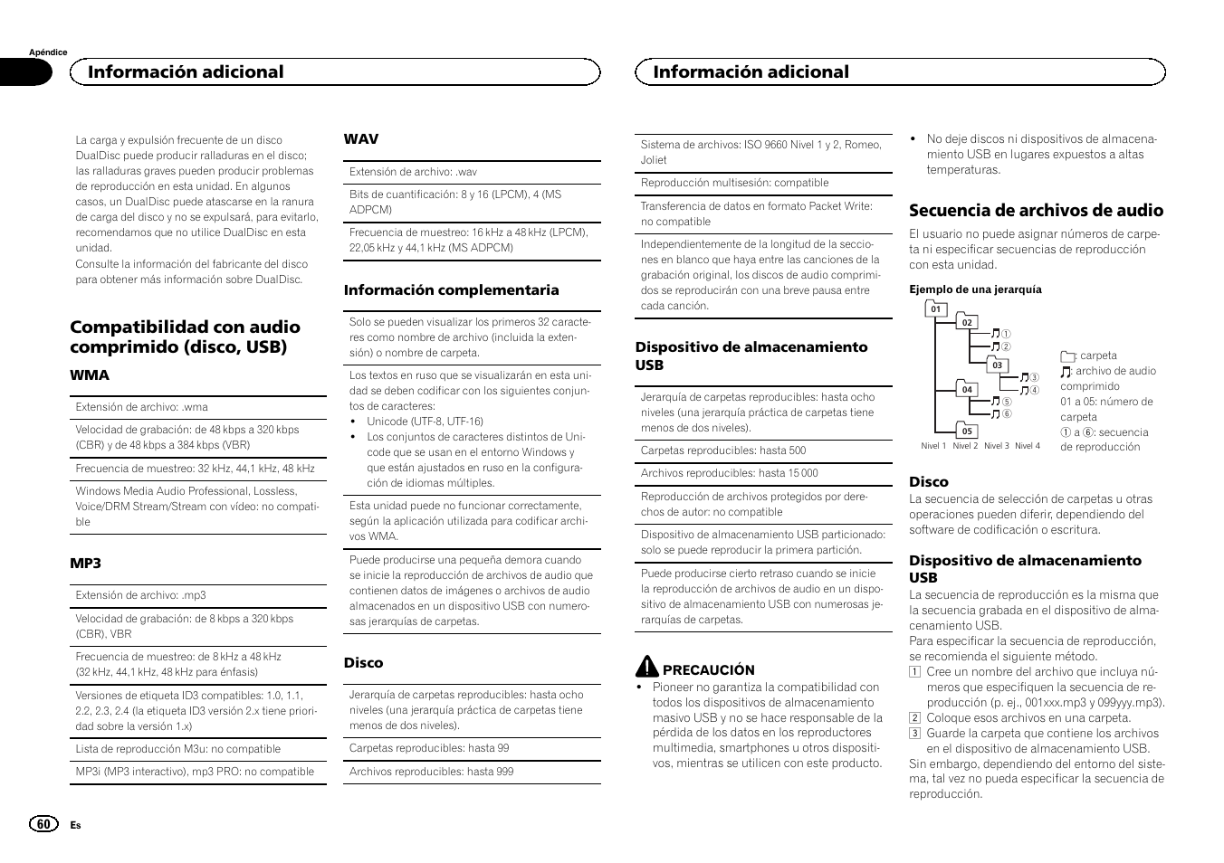 Compatibilidad con audio comprimido (disco, usb), Secuencia de archivos de audio, Información adicional | Pioneer DEH-1500UBG User Manual | Page 60 / 108