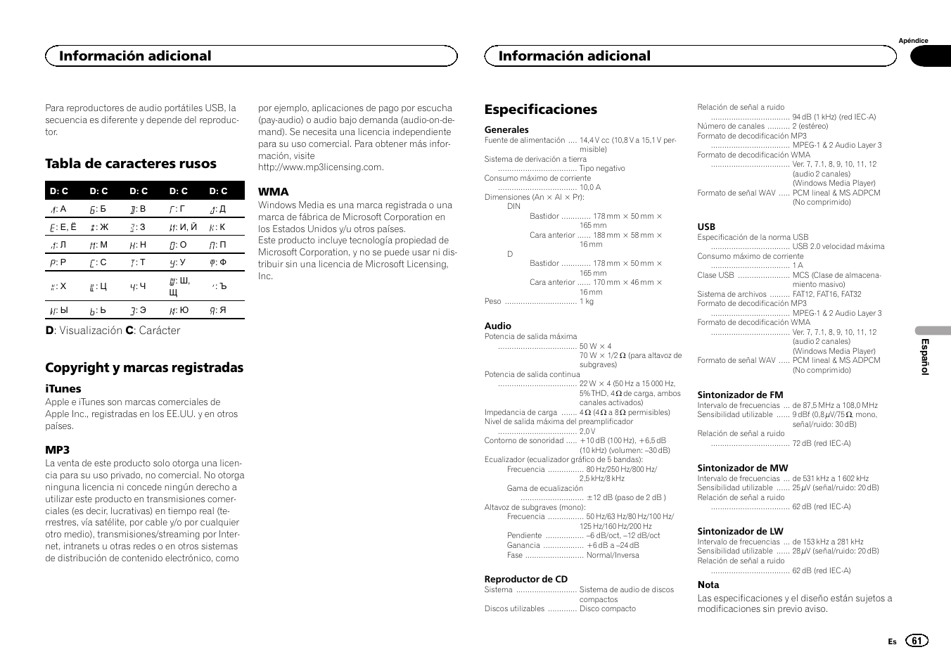 Tabla de caracteres rusos, Copyright y marcas registradas, Especificaciones | Información adicional | Pioneer DEH-1500UBG User Manual | Page 61 / 108