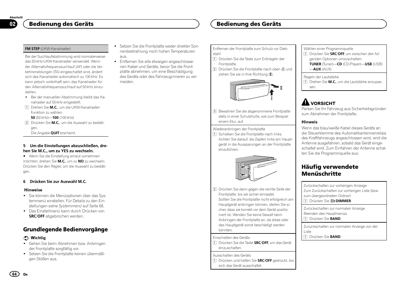 Grundlegende bedienvorgänge, Häufig verwendete menüschritte, Bedienung des geräts | Pioneer DEH-1500UBG User Manual | Page 64 / 108