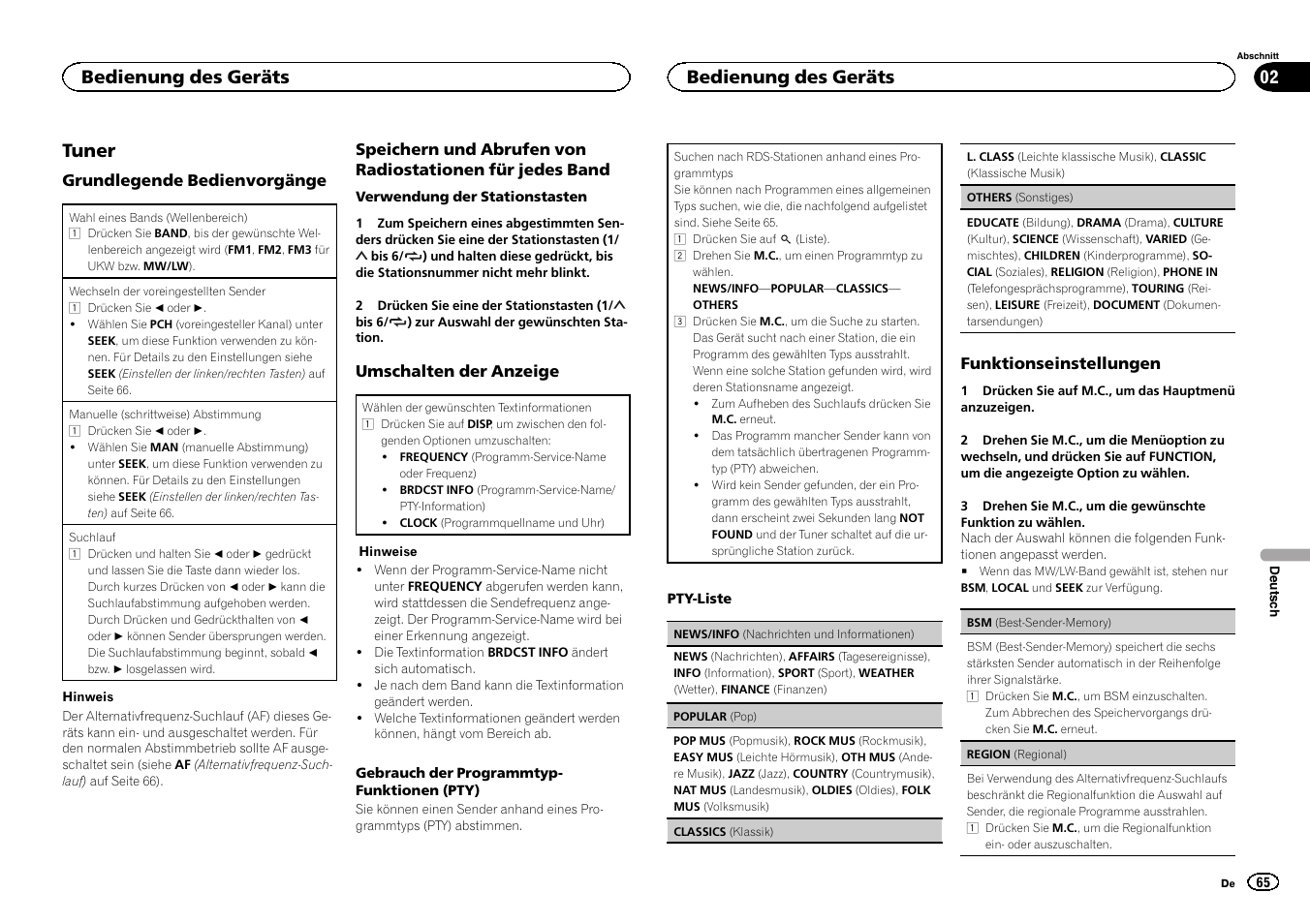 Tuner, Bedienung des geräts | Pioneer DEH-1500UBG User Manual | Page 65 / 108