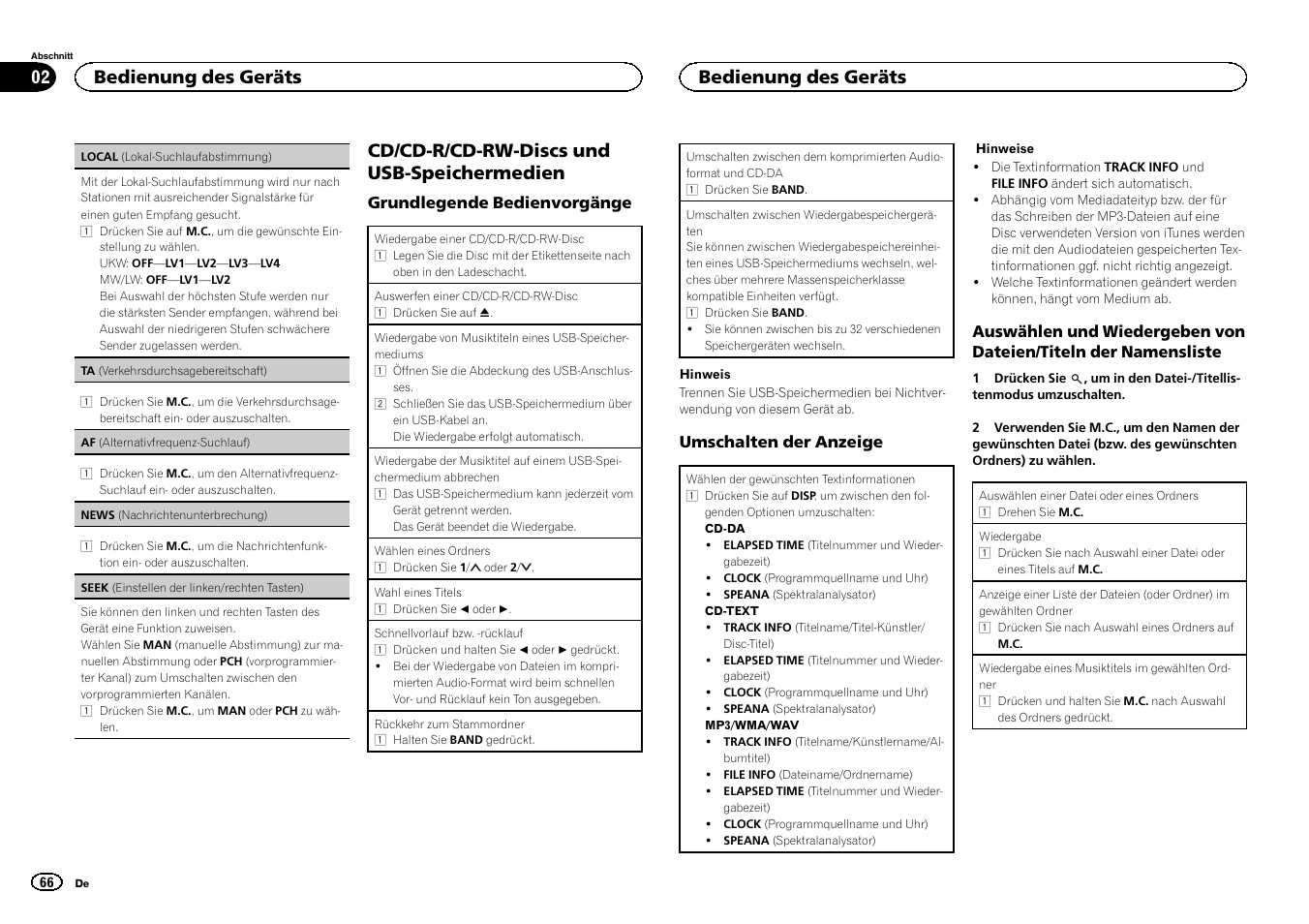 Seek (einstellen der linken/rechten tas, Ten) auf seite 66, Af (alternativfrequenz-such | Lauf) auf seite 66), Cd/cd-r/cd-rw-discs und usb-speichermedien, Bedienung des geräts | Pioneer DEH-1500UBG User Manual | Page 66 / 108