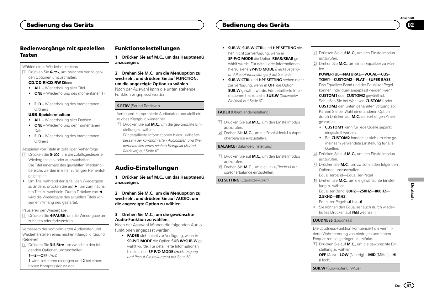 Audio-einstellungen, Bedienung des geräts | Pioneer DEH-1500UBG User Manual | Page 67 / 108