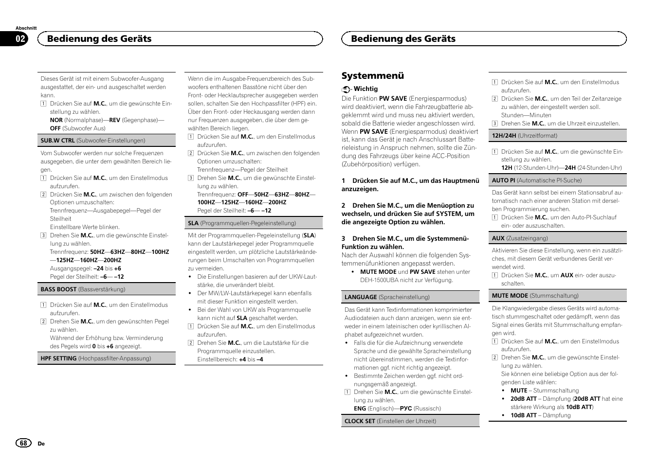 Systemmenü, Bedienung des geräts | Pioneer DEH-1500UBG User Manual | Page 68 / 108