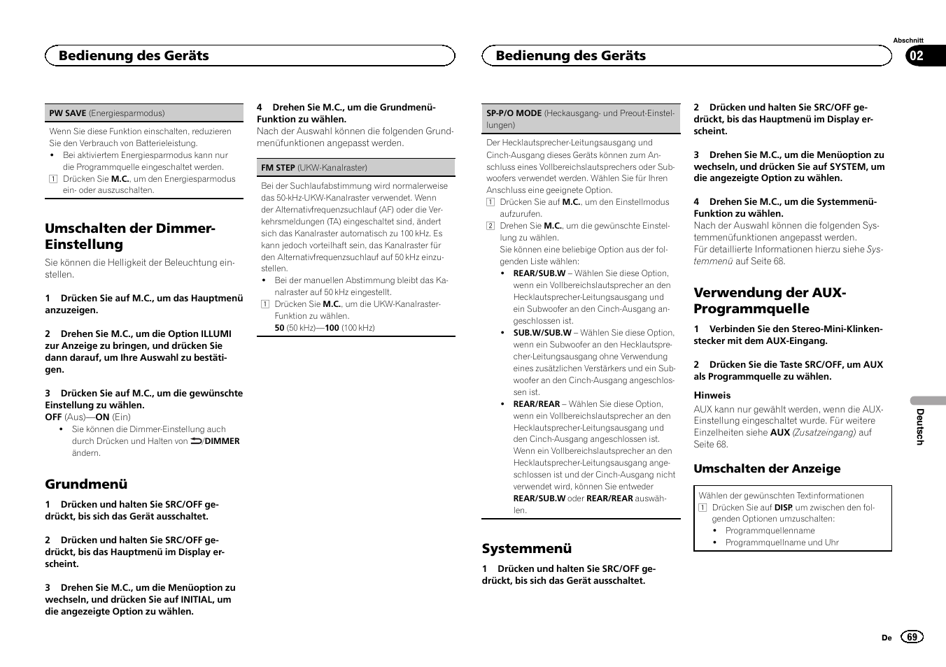 Sp-p/o mode (heckausgang, Und preout-einstellungen) auf seite 69, Umschalten der dimmer- einstellung | Grundmenü, Systemmenü, Verwendung der aux- programmquelle, Bedienung des geräts | Pioneer DEH-1500UBG User Manual | Page 69 / 108