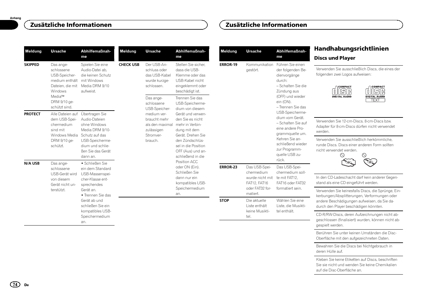 Handhabungsrichtlinien, Zusätzliche informationen | Pioneer DEH-1500UBG User Manual | Page 74 / 108