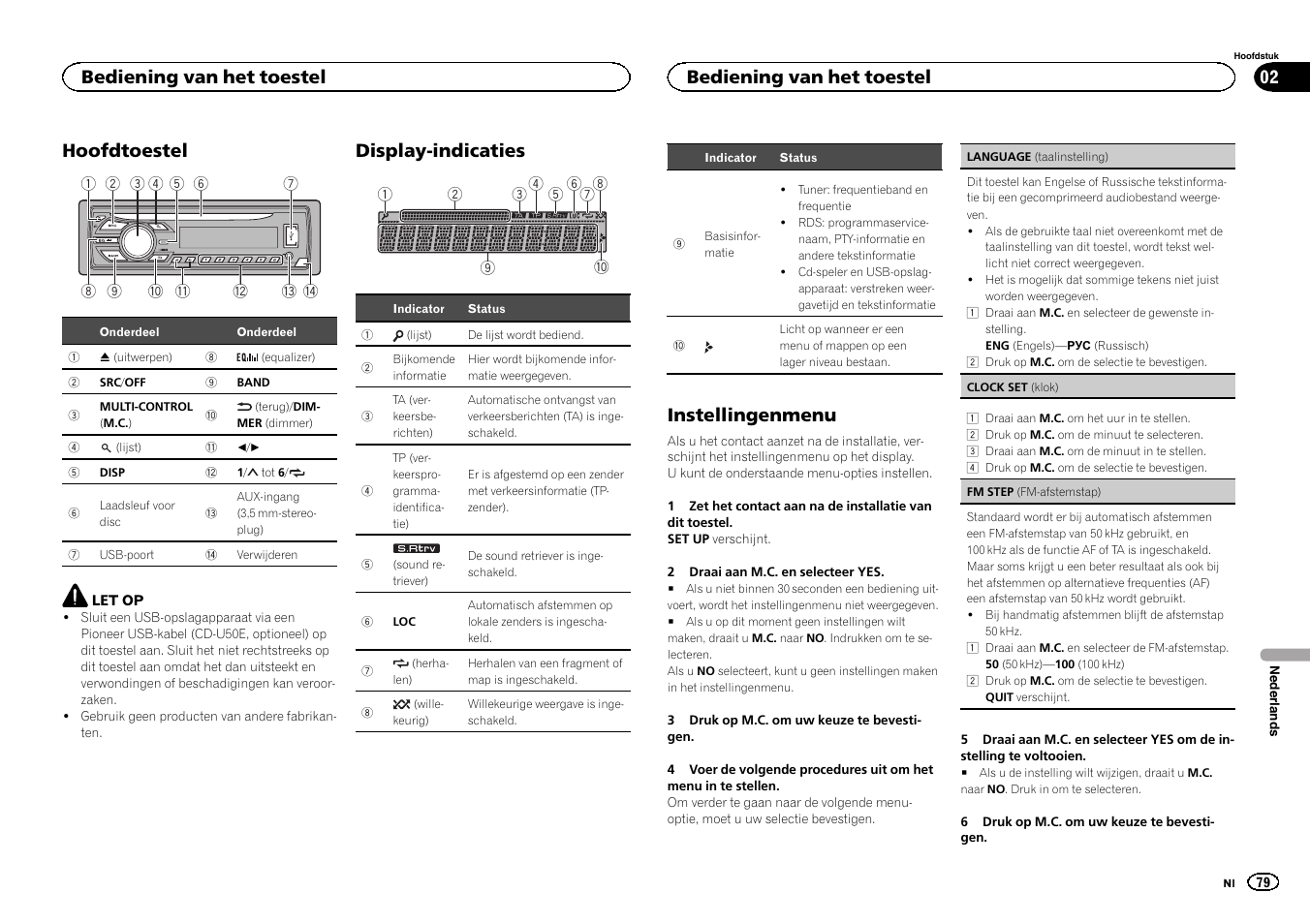 Hoofdtoestel, Display-indicaties, Instellingenmenu | Bediening van het toestel | Pioneer DEH-1500UBG User Manual | Page 79 / 108