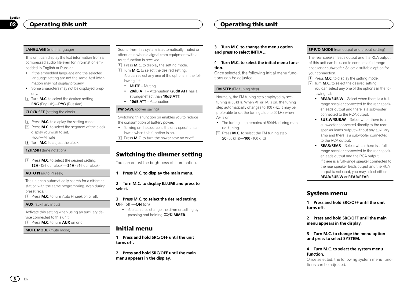 Switching the dimmer setting, Initial menu, System menu | Operating this unit | Pioneer DEH-1500UBG User Manual | Page 8 / 108
