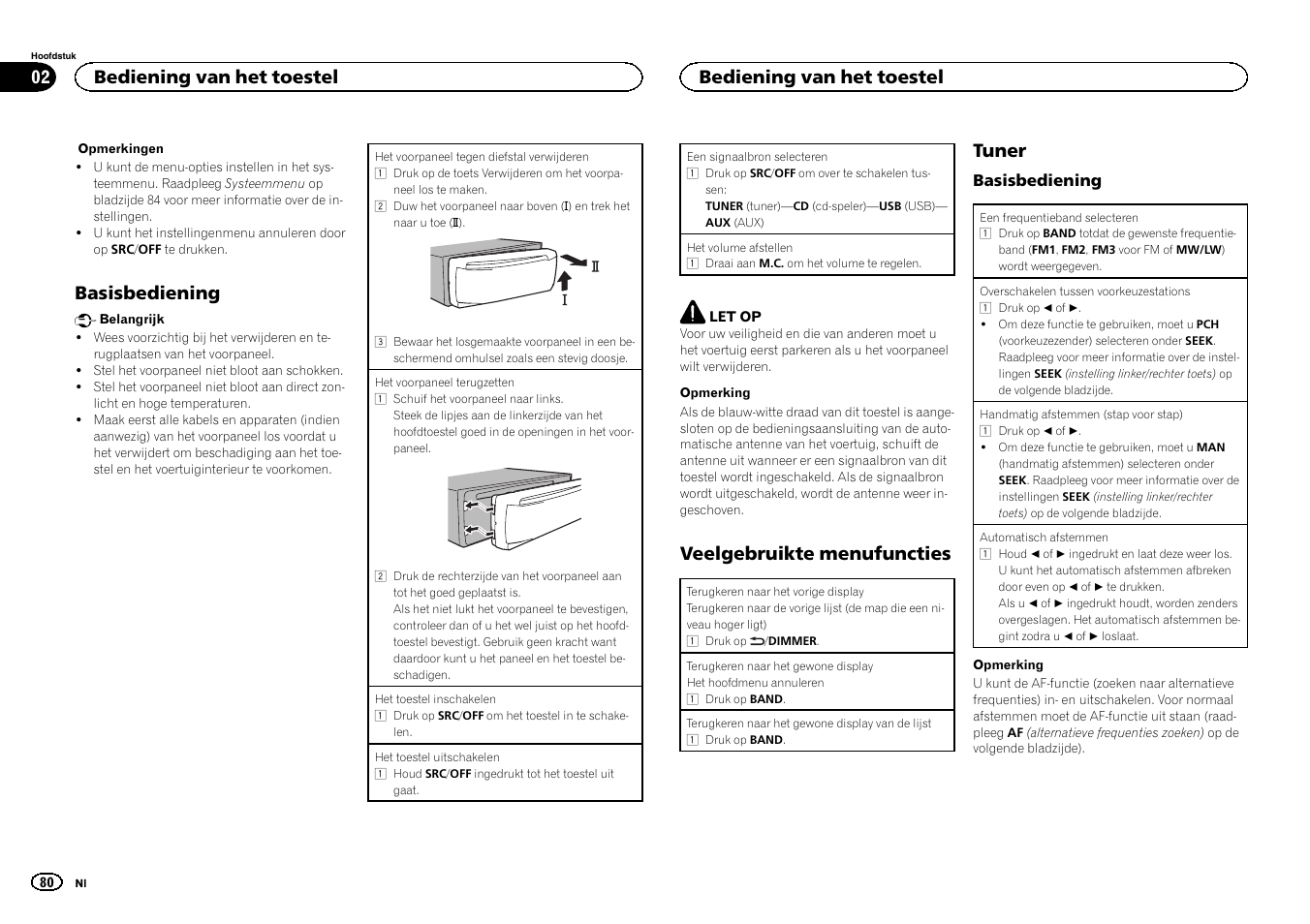 Basisbediening, Veelgebruikte menufuncties, Tuner | Bediening van het toestel | Pioneer DEH-1500UBG User Manual | Page 80 / 108