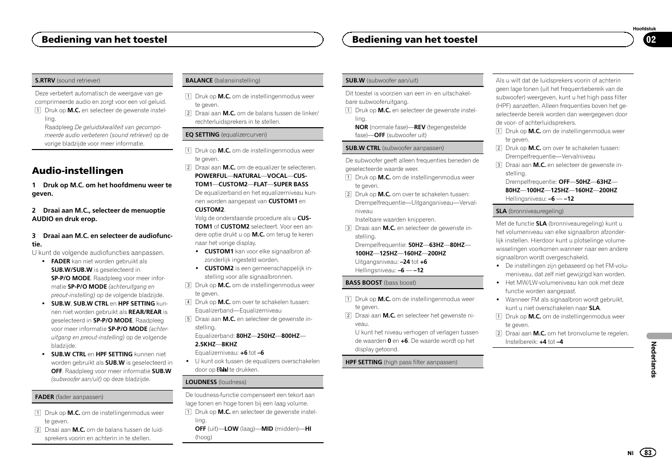 Audio-instellingen, Bediening van het toestel | Pioneer DEH-1500UBG User Manual | Page 83 / 108