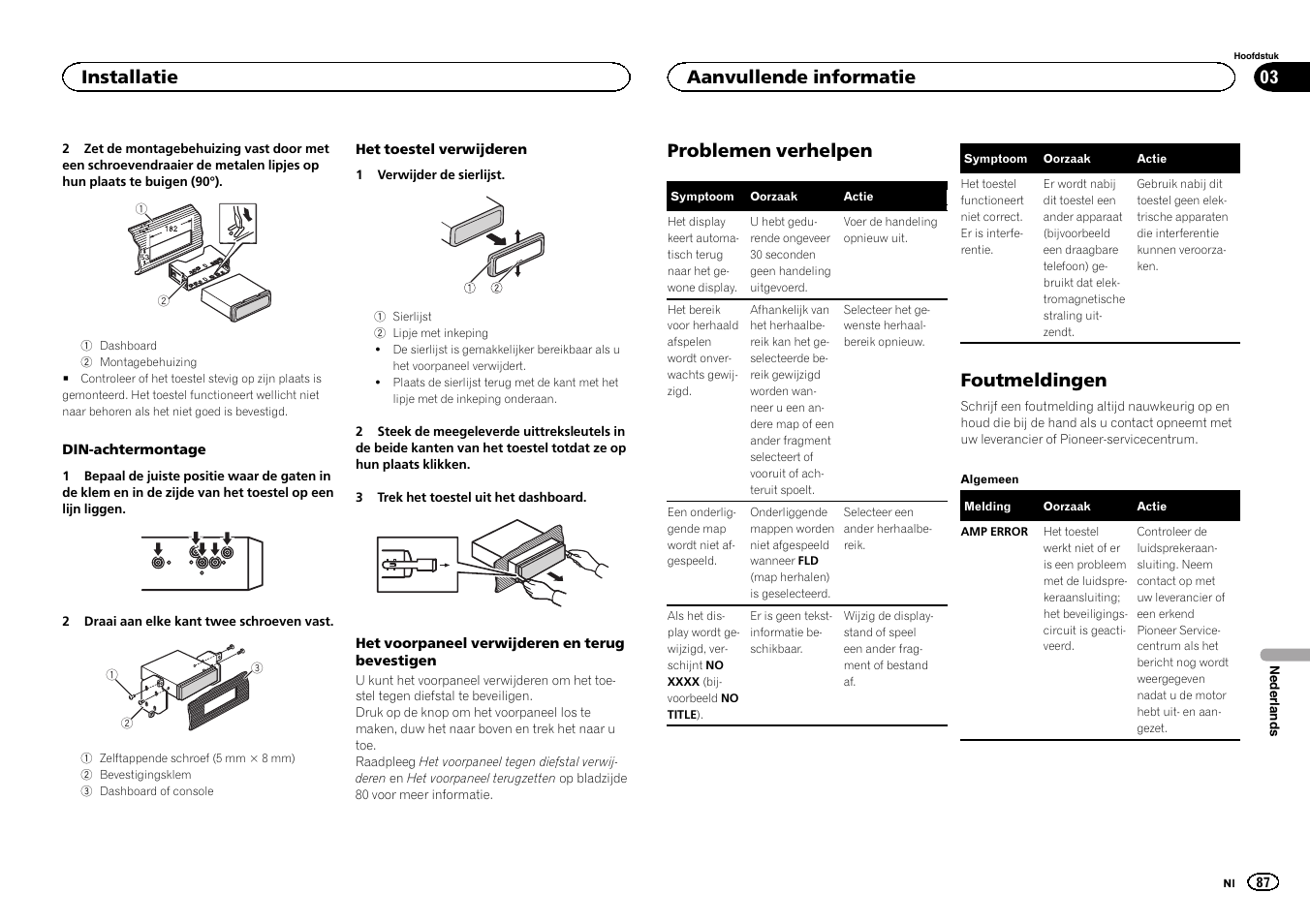 Problemen verhelpen, Foutmeldingen, Installatie | Aanvullende informatie | Pioneer DEH-1500UBG User Manual | Page 87 / 108