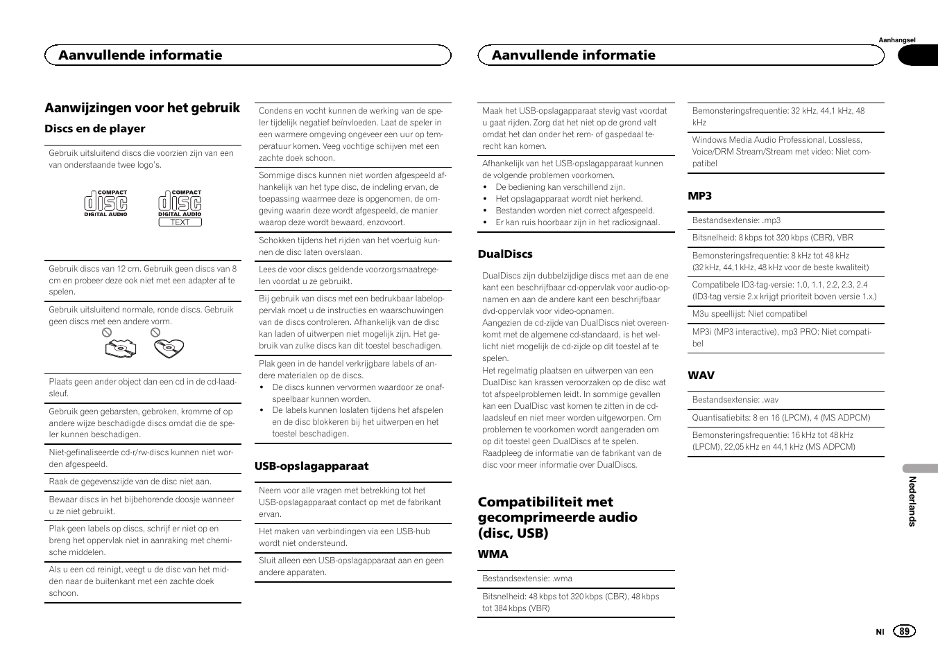 Aanwijzingen voor het gebruik, Aanvullende informatie | Pioneer DEH-1500UBG User Manual | Page 89 / 108