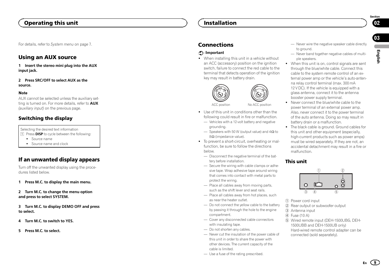 Using an aux source, If an unwanted display appears, Connections | Operating this unit, Installation | Pioneer DEH-1500UBG User Manual | Page 9 / 108