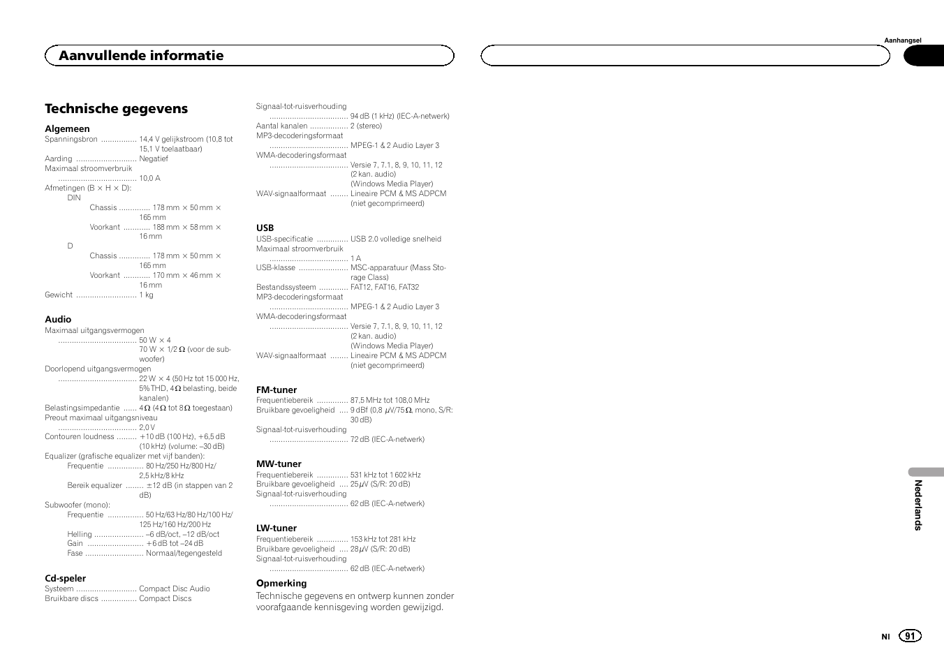 Technische gegevens, Aanvullende informatie | Pioneer DEH-1500UBG User Manual | Page 91 / 108