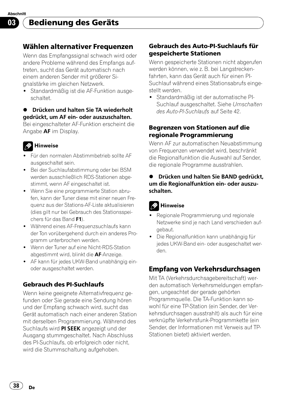 Wählen alternativer frequenzen 38, Empfang von, Verkehrsdurchsagen 38 | Bedienung des geräts, Wählen alternativer frequenzen, Empfang von verkehrsdurchsagen | Pioneer DEH-1820R User Manual | Page 38 / 106