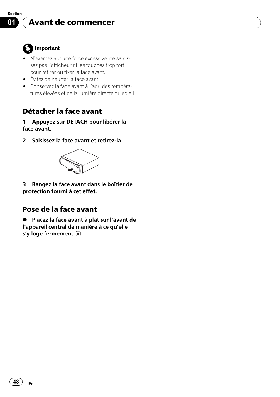 Détacher la face avant 48, Pose de la face avant 48, Avant de commencer | Détacher la face avant, Pose de la face avant | Pioneer DEH-1820R User Manual | Page 48 / 106