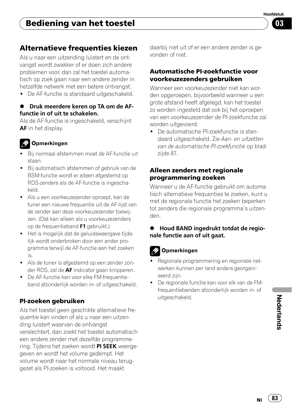 Alternatieve frequenties kiezen 83, Bediening van het toestel, Alternatieve frequenties kiezen | Pioneer DEH-1820R User Manual | Page 83 / 106