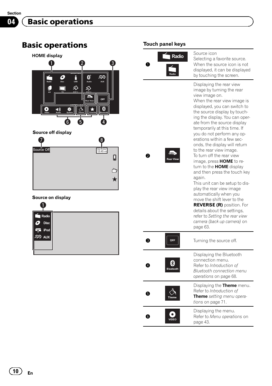 Basic operations basic operations, Basic operations, 04 basic operations | Touch panel keys, Radio | Pioneer AVH-P3400DVD User Manual | Page 10 / 112