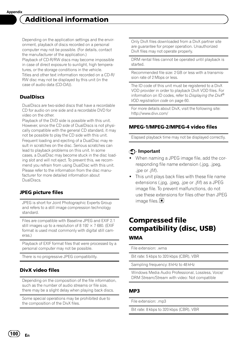 Compressed file compatibility (disc, Usb), Compressed file compatibility (disc, usb) | Additional information | Pioneer AVH-P3400DVD User Manual | Page 100 / 112