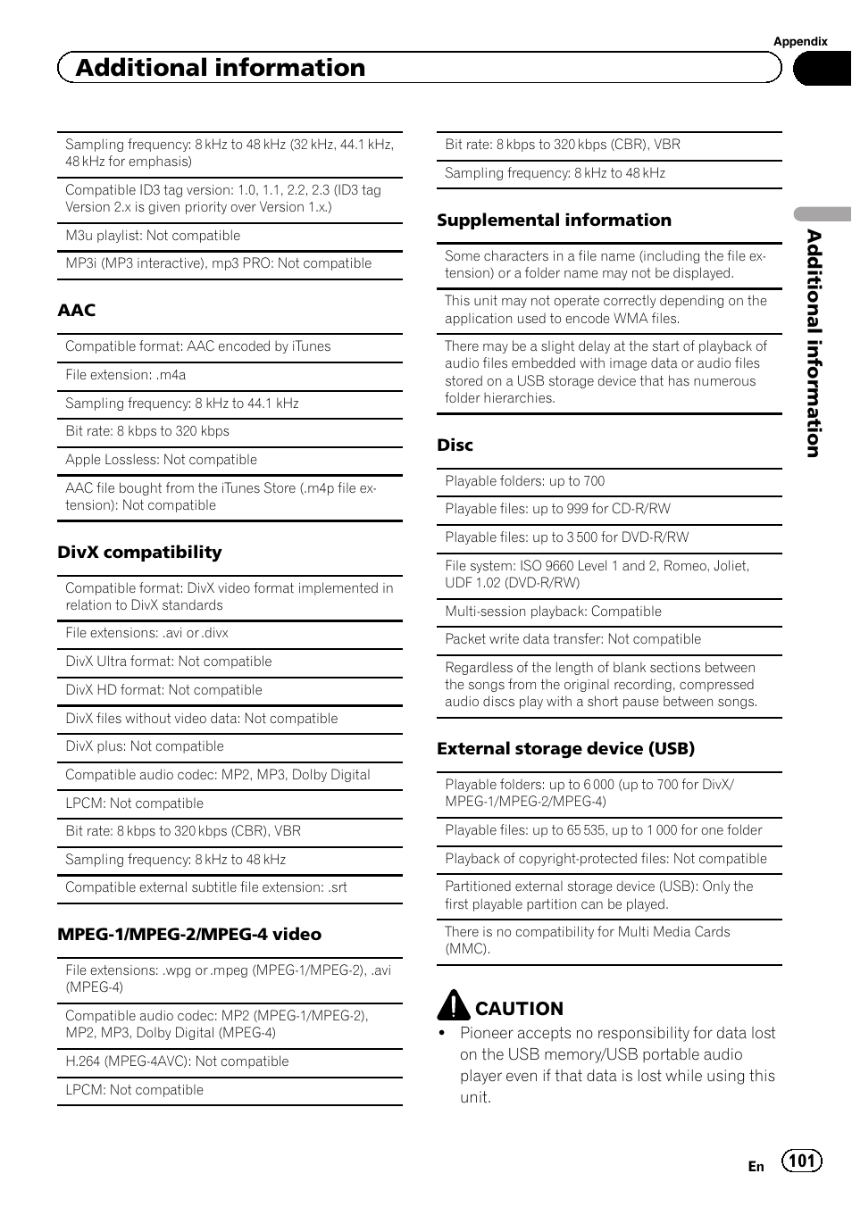 Additional information, Caution | Pioneer AVH-P3400DVD User Manual | Page 101 / 112