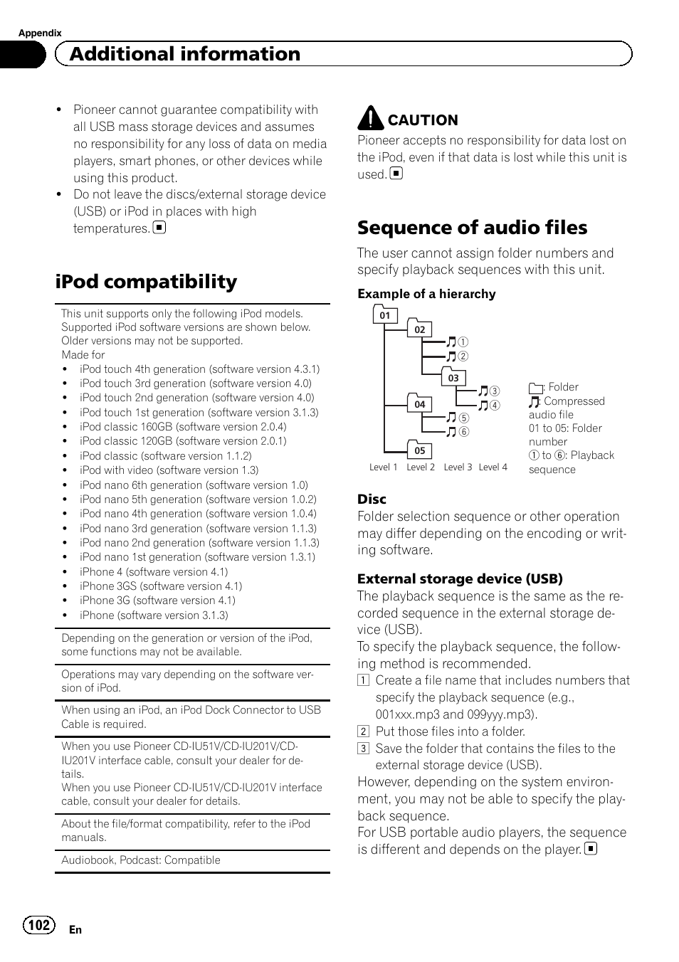 Ipod compatibility, Sequence of audio files, Additional information | Caution | Pioneer AVH-P3400DVD User Manual | Page 102 / 112