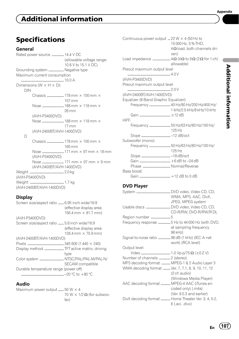 Specifications, Additional information | Pioneer AVH-P3400DVD User Manual | Page 107 / 112