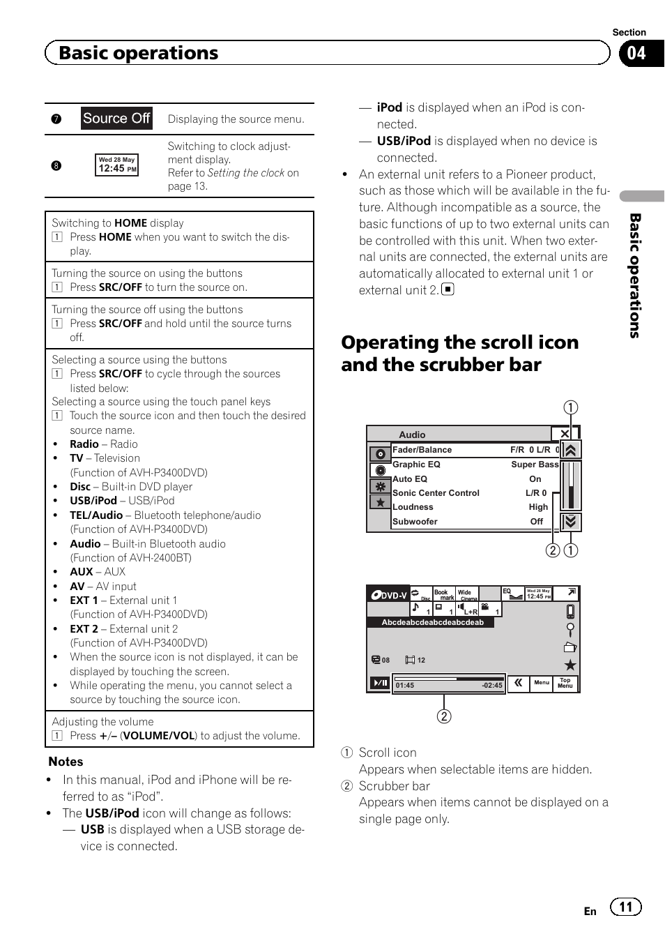 Operating the scroll icon and the scrubber, Operating the scroll icon and the scrubber bar, Basic operations | Pioneer AVH-P3400DVD User Manual | Page 11 / 112