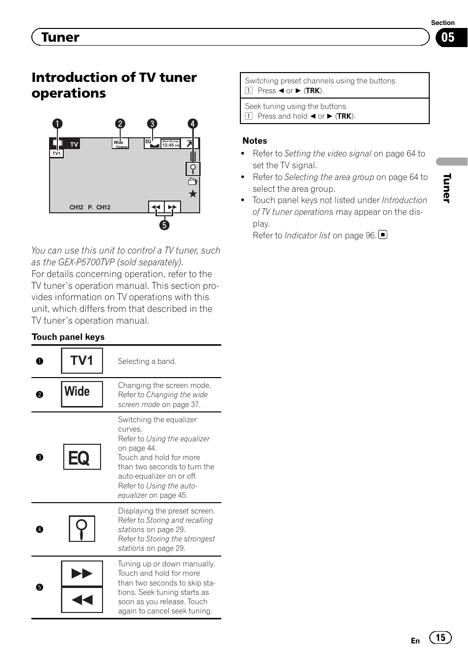 Introduction of tv tuner operations, Tuner | Pioneer AVH-P3400DVD User Manual | Page 15 / 112