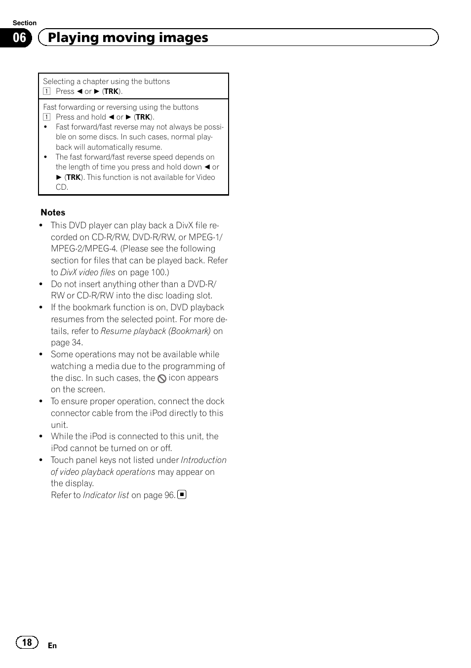 06 playing moving images | Pioneer AVH-P3400DVD User Manual | Page 18 / 112