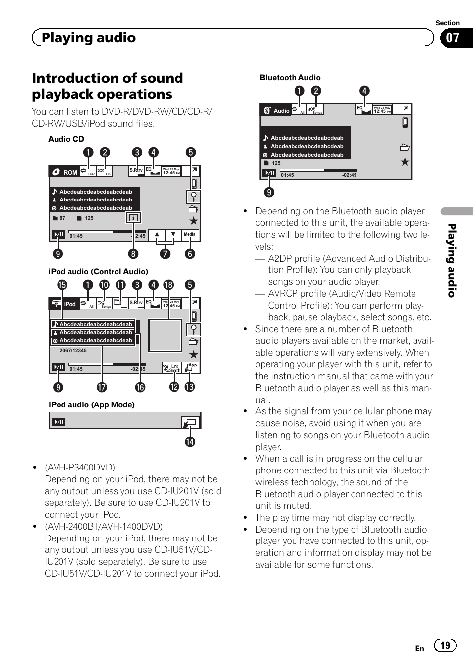 Playing audio introduction of sound playback, Operations, Introduction of sound playback operations | Playing audio | Pioneer AVH-P3400DVD User Manual | Page 19 / 112