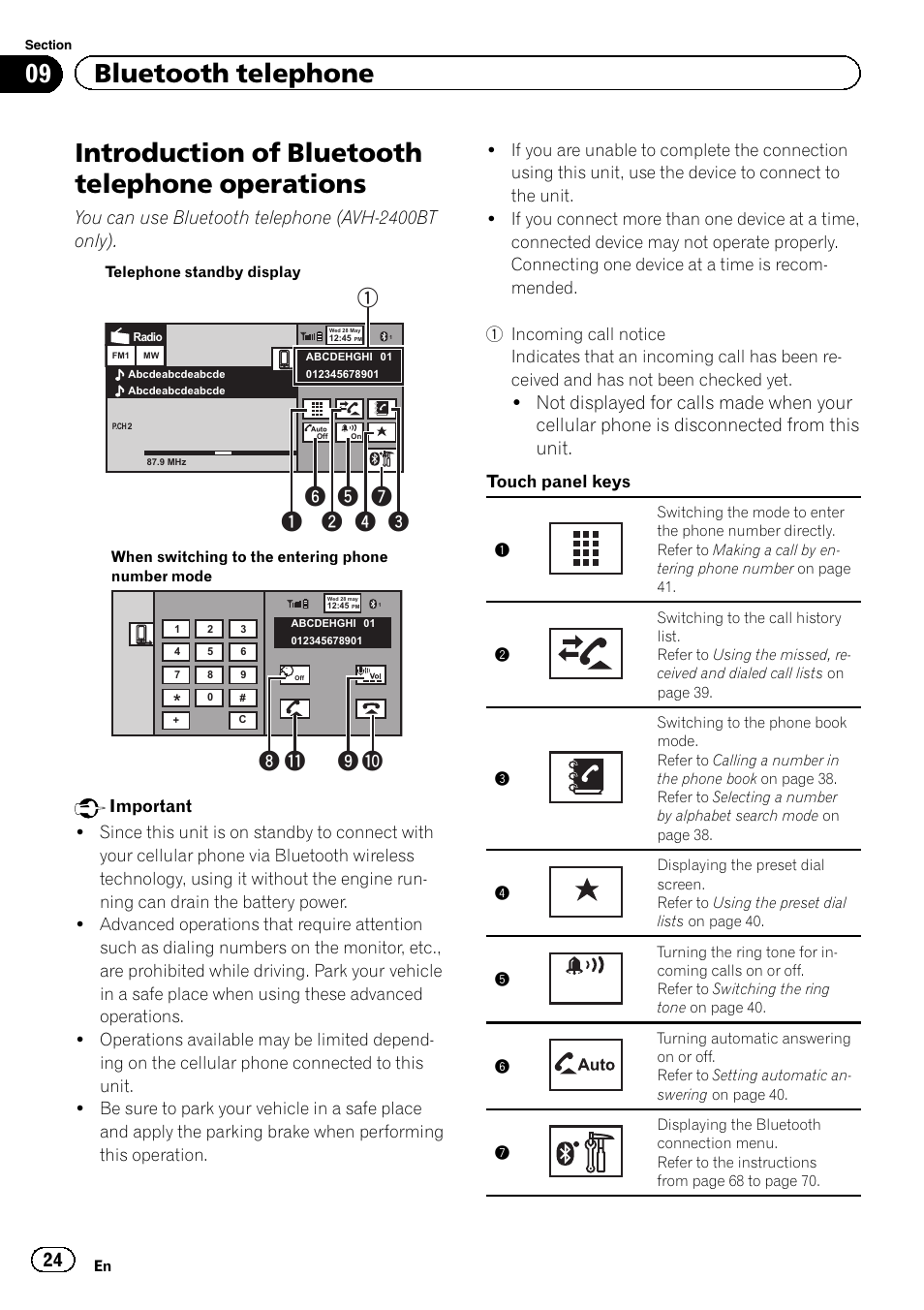 Operations, Introduction of bluetooth telephone operations, 09 bluetooth telephone | 8a b 9, You can use bluetooth telephone (avh-2400bt only), Touch panel keys | Pioneer AVH-P3400DVD User Manual | Page 24 / 112