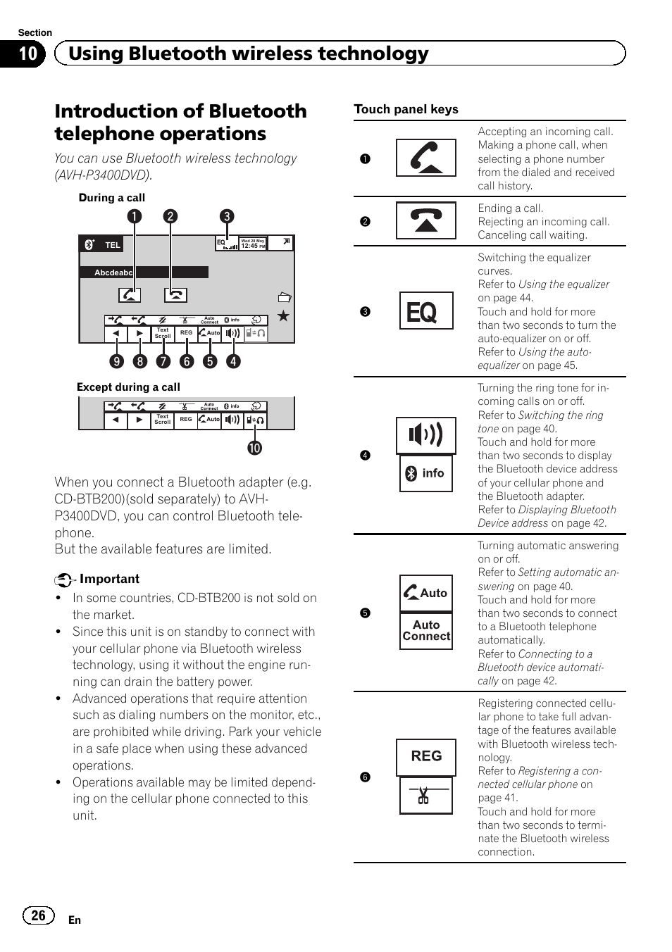 Operations, Introduction of bluetooth telephone operations, 10 using bluetooth wireless technology | Pioneer AVH-P3400DVD User Manual | Page 26 / 112
