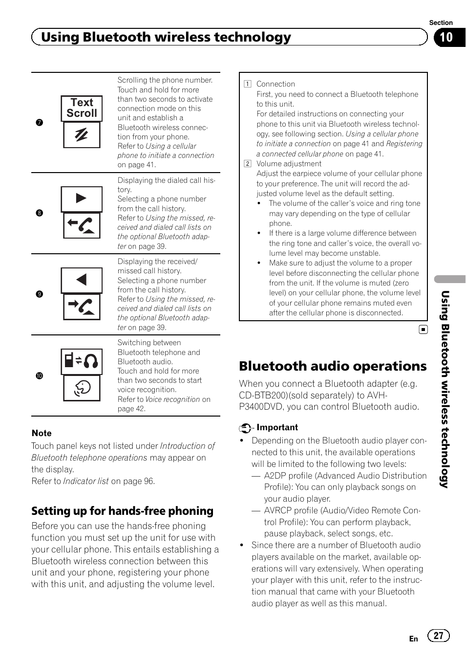 Bluetooth audio operations, Using bluetooth wireless technology, Setting up for hands-free phoning | Text scroll | Pioneer AVH-P3400DVD User Manual | Page 27 / 112